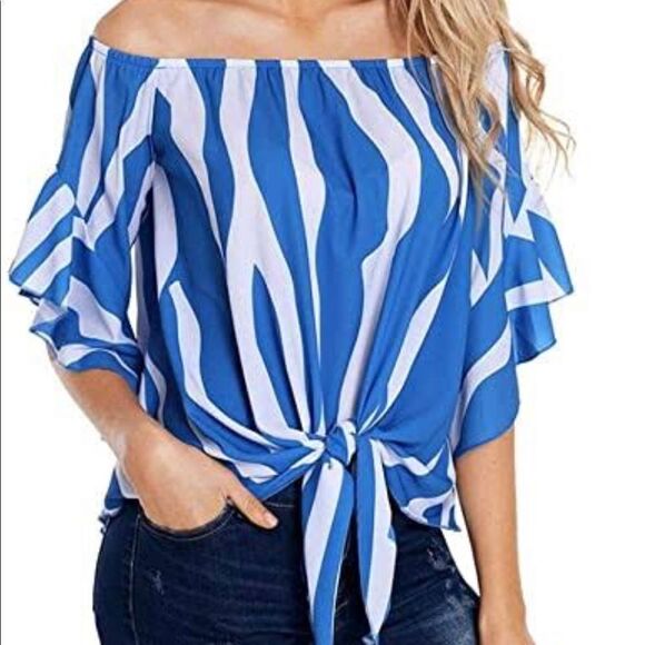 Blue & White Striped Off the Shoulder 3/4 Flare Sleeve Tie Knot Blouse.  2XL - Picture 1 of 11